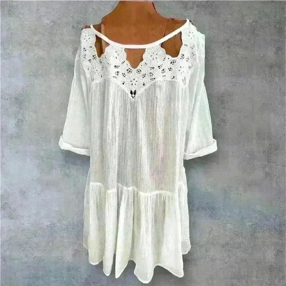 Free People Sz S Sun Moon Tunic Dress Ivory Mini Ruffle Embroidery Prairie Fairy - Picture 3 of 15
